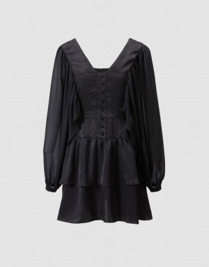 Black Urban Revivo Batwing Button Front Tiered Ruffle Hem Women's Casual Dress | NPYZXH-348