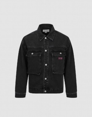 Black Urban Revivo Button Up Men's Denim Jackets | KUANMS-502