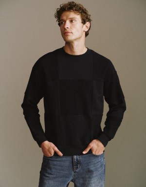 Black Urban Revivo Crew Neck Men's Sweatshirts | IGMABY-207