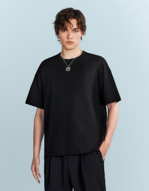Black Urban Revivo Drop Shoulder Sleeve Crew Neck Men's T-Shirts | UDHFZV-257