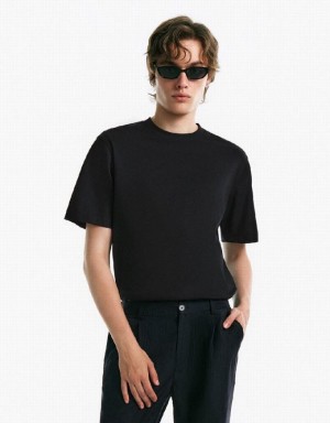 Black Urban Revivo Drop Shoulder Sleeve Crew Neck Men's T-Shirts | RUMQEC-481