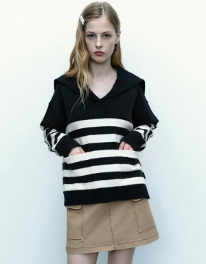Black Urban Revivo Drop Shoulder Sleeve Striped Knitted Women's Cardigan | PWLNXO-941