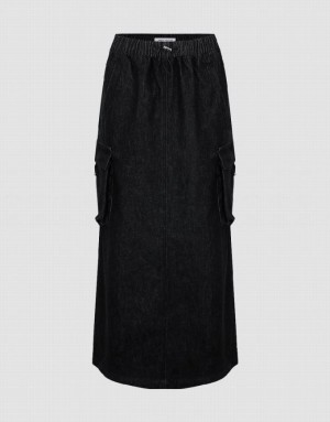 Black Urban Revivo Elastic Waist Straight Women's Denim Skirt | PSXVNA-643