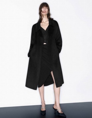 Black Urban Revivo Notch Lapel With Belt Women's Coats | JOKMTV-780