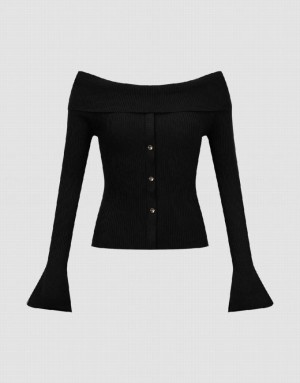 Black Urban Revivo Off-Shoulder Skinny Knitted Women's Cardigan | ADHPRJ-438