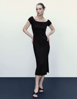 Black Urban Revivo Off-Shoulder Skinny Women's Dress | QYAJKB-321