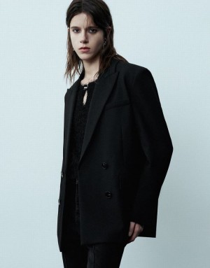 Black Urban Revivo Peak Lapel Double Breasted Tailored Women's Blazers | UBDGJO-687