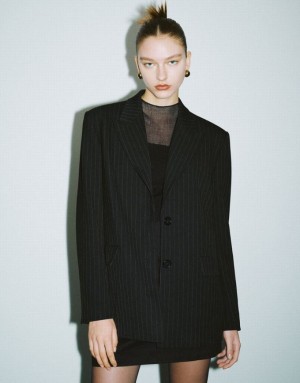 Black Urban Revivo Peak Lapel Tailored Women's Blazers | UBDEYS-630