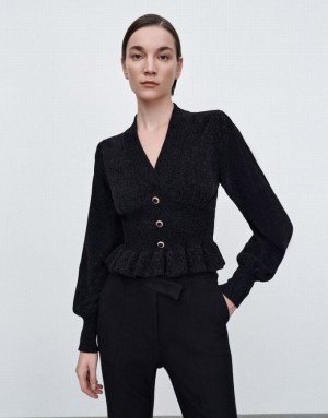 Black Urban Revivo Ruffle Knitted Top Women's Cardigan | KSMFLG-543