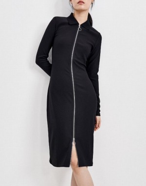 Black Urban Revivo Standard Sleeve Lapel Skinny-Fites Women's Casual Dress | KRAUMV-035