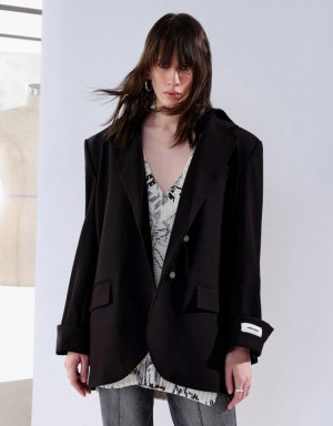 Black Urban Revivo Tailored Long Women's Blazers | GVSUYD-472