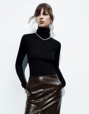 Black Urban Revivo Turtle Neck Knitted Women's Cardigan | EUJXLY-105