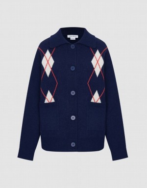 Blue Urban Revivo Argyle Patched Pocket Button Up Women's Cardigan | CJZHMS-231
