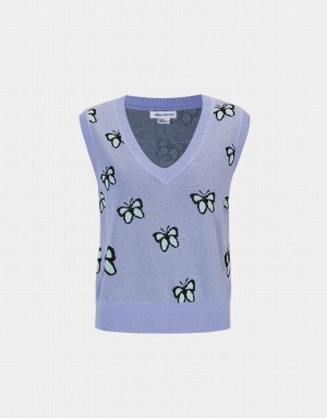 Blue Urban Revivo Butterfly Jacquard V Neck Women's Sweater Vest | SQFUXD-542