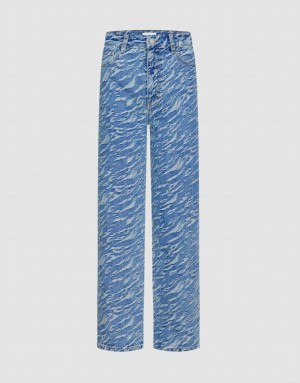 Blue Urban Revivo Printed Flare Women's Jeans | PWJVSX-253