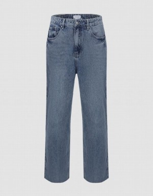 Blue Urban Revivo Raw Hem Straight Men's Jeans | AXBWRV-186