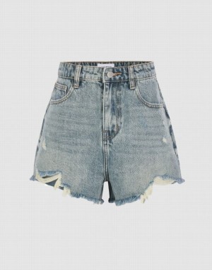 Blue Urban Revivo Raw Hem Women's Denim Shorts | RPWABZ-193