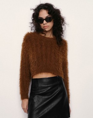 Brown Urban Revivo Furry Crew Neck Knitted Women's Cardigan | OREBAS-146