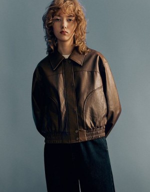 Dark Brown Urban Revivo Drop Shoulder Sleeve Vegan Women's Leather Jackets | CWKELX-079