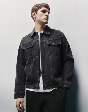 Dark Grey Urban Revivo Button Up Men's Denim Jackets | YCSTHI-428