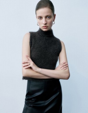 Dark Grey Urban Revivo Collar Knitted Women's Cardigan | SEPIYJ-715