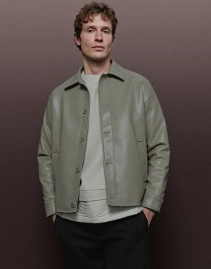Green Urban Revivo Button Up Vegan Men's Leather Jackets | GVYAJD-327