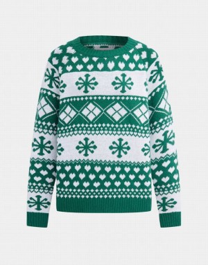 Green Urban Revivo Christmas Snowflake Crew Neck Holiday Women's Sweaters | KLRNEV-054