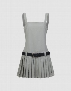 Green Urban Revivo Sleeveless Pleated Straight With Belt Women's Dress | VCBRQN-695