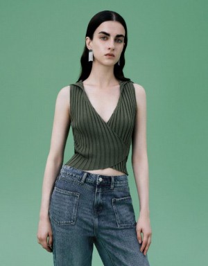 Green Urban Revivo Surplice Neck Knitted Women's Cardigan | TVRJHX-970