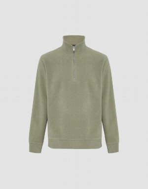 Green Urban Revivo Zip Half Placket Knitted Men's Sweatshirts | YBXKQS-596
