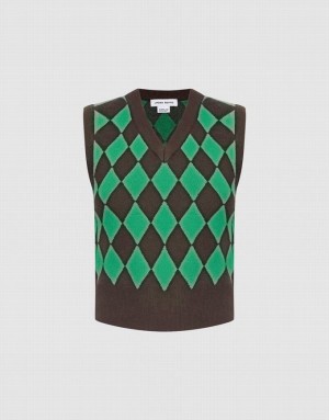 Green / Brown Urban Revivo Argyle Pattern Women's Sweater Vest | KBNCLR-634