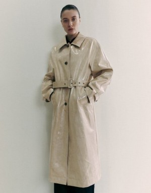 Khaki Urban Revivo Vegan Leather With Belt Women's Trench Coat | UYDBMO-483