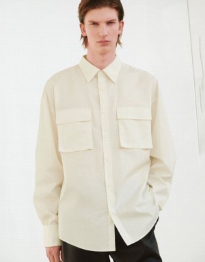 Light Khaki Urban Revivo Button Up Loose With Pockets Men's Shirts | EKJNDB-879