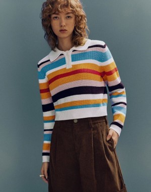 Multicolor Urban Revivo Button Half Placket Striped Knitted Women's Cardigan | OCXBKA-341