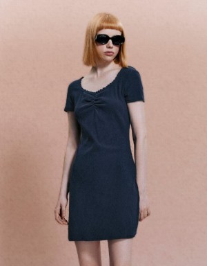 Navy Urban Revivo V-Neck Skater Women's Short Dress | KGMAJC-620