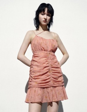 Orange Urban Revivo Floral Printed Ruched Straight Cami Women's Dress | QZOCMH-918