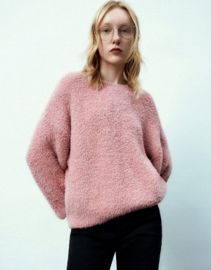 Pink Urban Revivo Crew Neck Knitted Women's Cardigan | SXOFYR-325