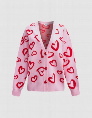 Pink Urban Revivo Heart Pattern Jacquard Button Up Oversized Women's Cardigan | KMLOYP-159