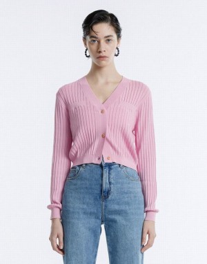 Pink Urban Revivo Rib Knit Cropped Women's Cardigan | RCWVUD-289