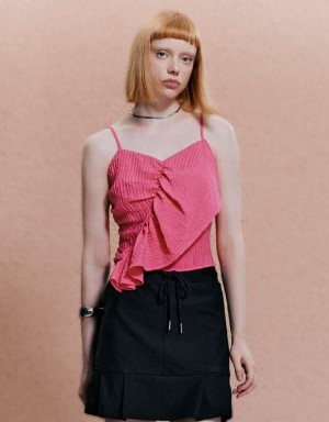Pink Urban Revivo Ruffle V-Neck Women's Camisole | QRIAXB-283