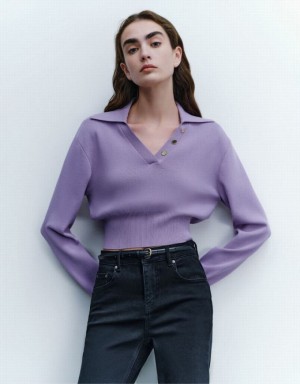 Purple Urban Revivo Cropped Knit Women's Cardigan | PYEAZQ-815