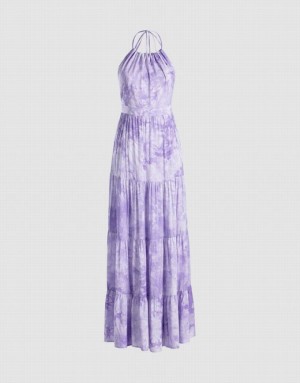 Purple Urban Revivo Tie Dye Tiered Backless Halter Women's Casual Dress | THGVNK-485