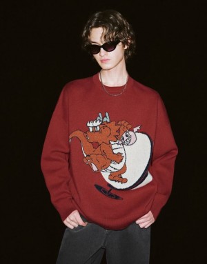 Red Urban Revivo Dragon Embroidered Knitted Men's Cardigan | STYVKQ-185