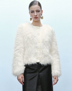 White Urban Revivo Button Up Straight Furry Women's Coats | XTHUSD-681
