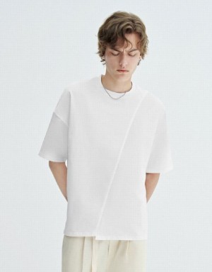 White Urban Revivo Drop Shoulder Sleeve Crew Neck Men's T-Shirts | VBPCRS-063