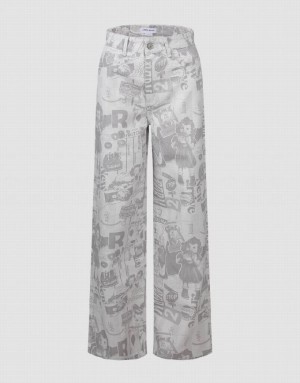 White Urban Revivo Printed Wide-Leg Women's Jeans | KVUCBW-735