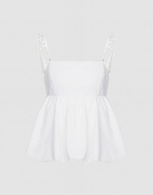 White Urban Revivo Ruffle Hem With Beaded Strap Women's Camisole | PREMQT-261