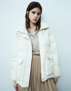 White Urban Revivo Stand Collar Straight Women's Down Jackets | RXCOAB-396