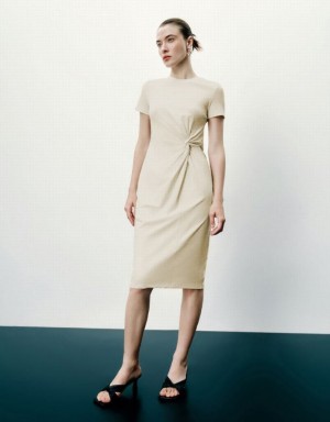 White Urban Revivo Twist Side Crew Neck Straight Women's Dress | YEVLZI-092