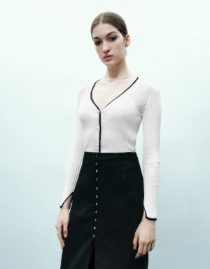 White Urban Revivo V-Neck Knitted Women's Cardigan | TLZEMK-987